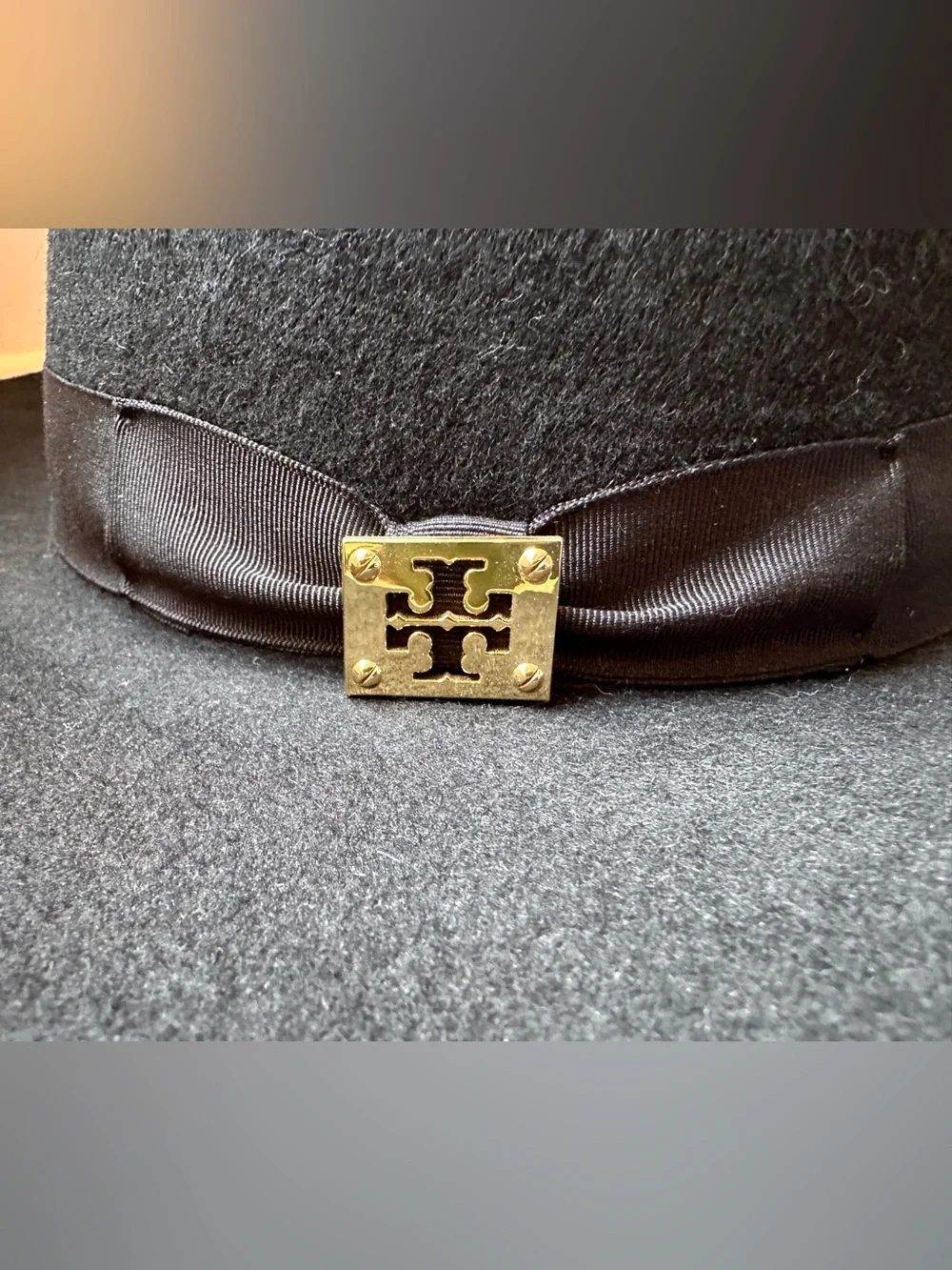 Tory Burch Black Felt Wide-Brim Hat with Gold Logo Accent